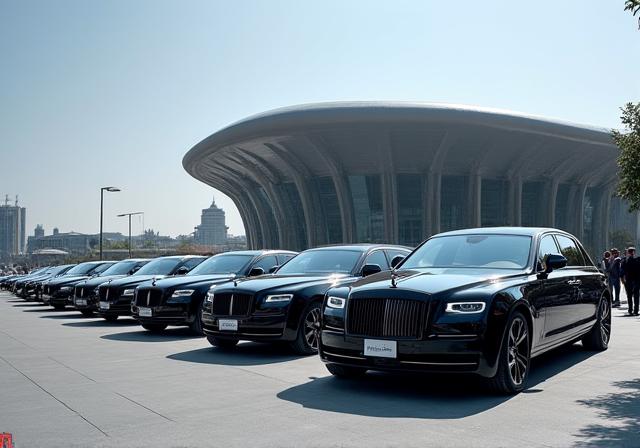 国際フォーラムの前で待機する複数の車両