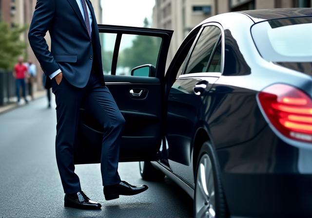スーツ姿のビジネスマンが高級車に乗り込む様子